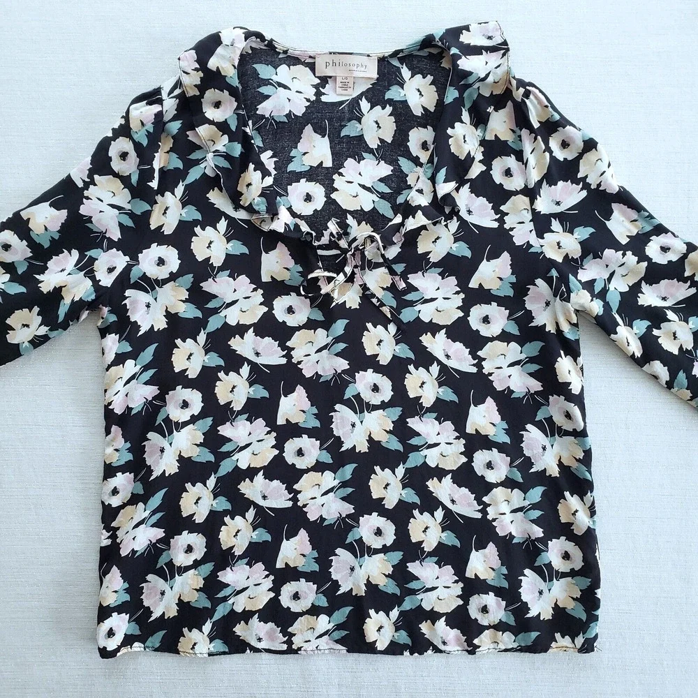 Philosophy Top Womens L Blue Floral Tie Neck Blouse Cottagecore Preppy Boho Twee